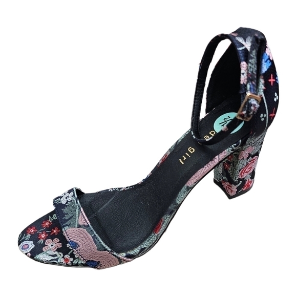 Floral Y2K embroidered navy open toe sandal heels shoes size 8.5 - Picture 13 of 13